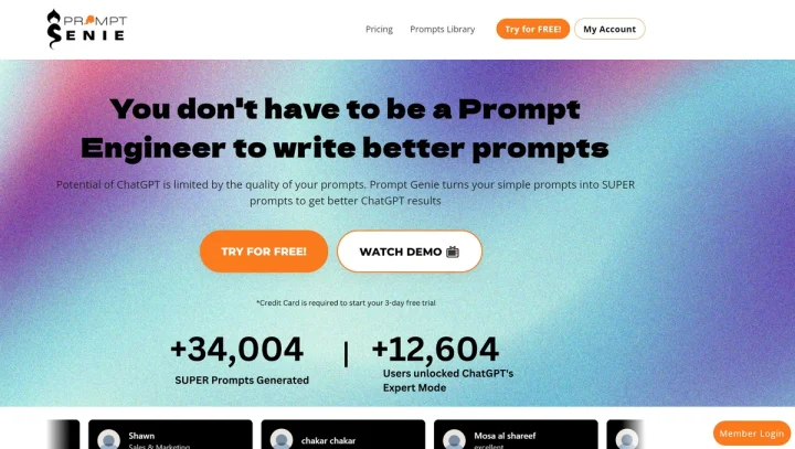 Screenshot of Prompt Genie website