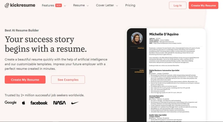Screenshot of Kickresume website