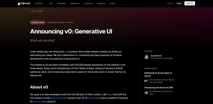 Screenshot of V0 website