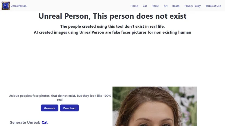 Screenshot of Unreal Person website
