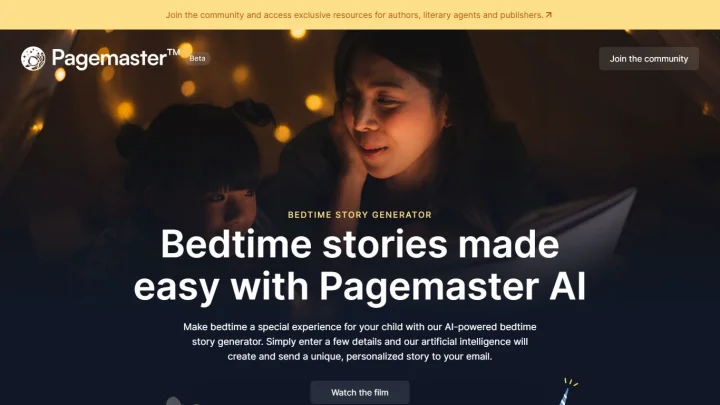 Screenshot of Pagemaster Bedtime Story Generator website