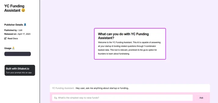 Screenshot of YC Funding Assistant website