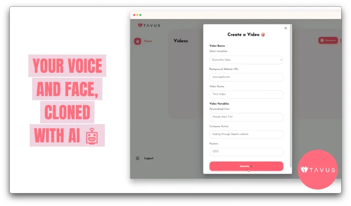 Screenshot of Tavus website