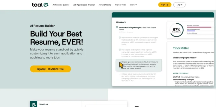 Screenshot of Teal Resume Builder website