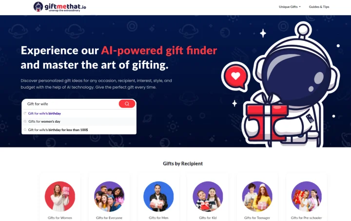 Screenshot of Giftmethat website