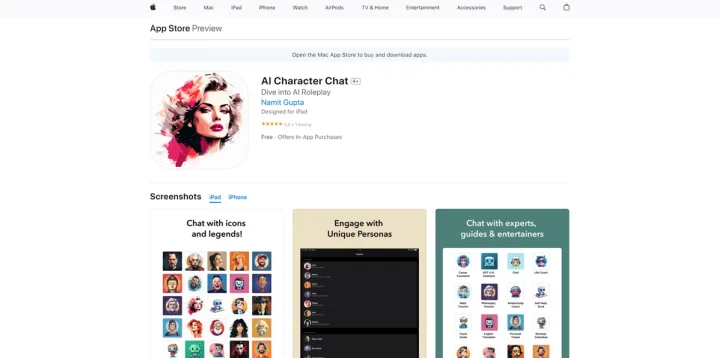 Screenshot of AI Character Chat website