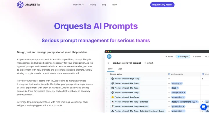 Screenshot of Orquesta AI Prompts website