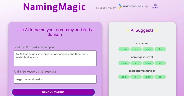 Screenshot of Naming Magic website