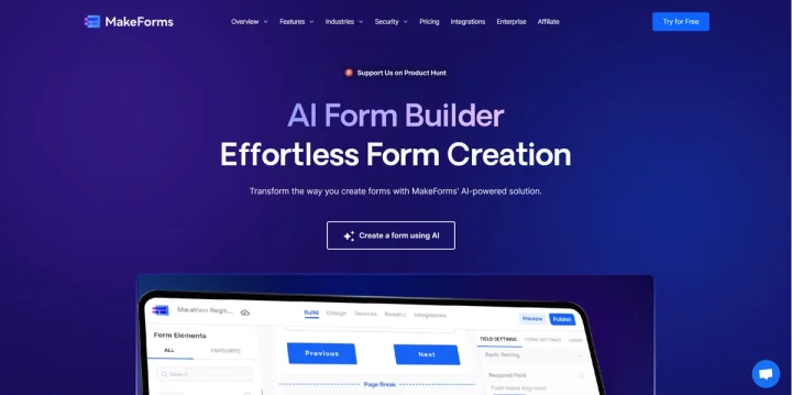 Screenshot of MakeForms.io website