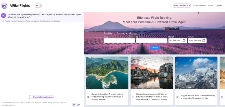 Screenshot of AiRial Flights website
