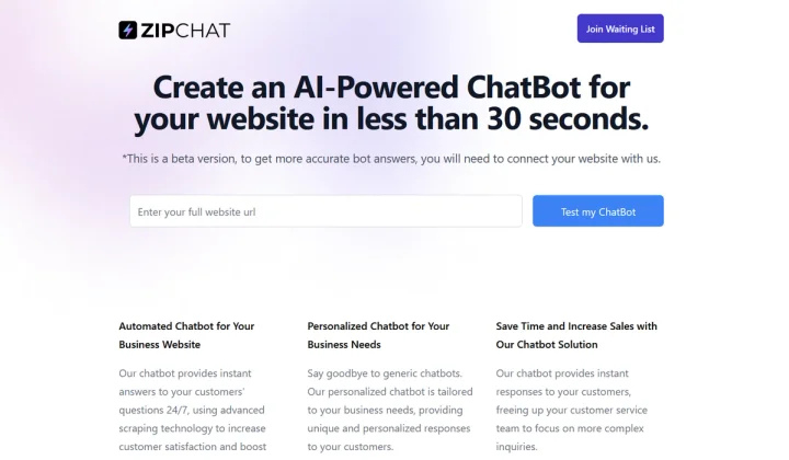 Screenshot of ZipChat AI website