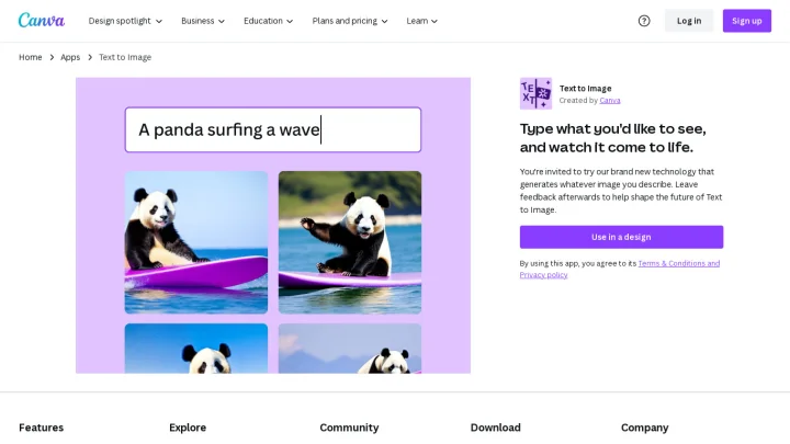 Screenshot of Canva:Text-to-Image website