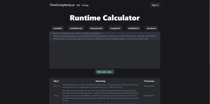 Screenshot of TimeComplexity website