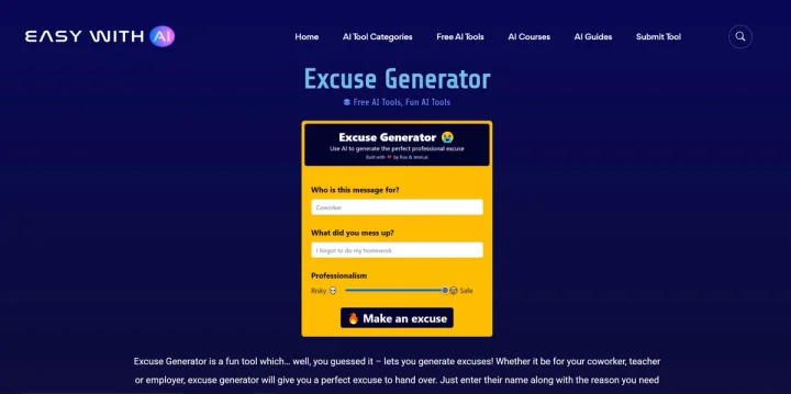 Screenshot of Excuse Generator website