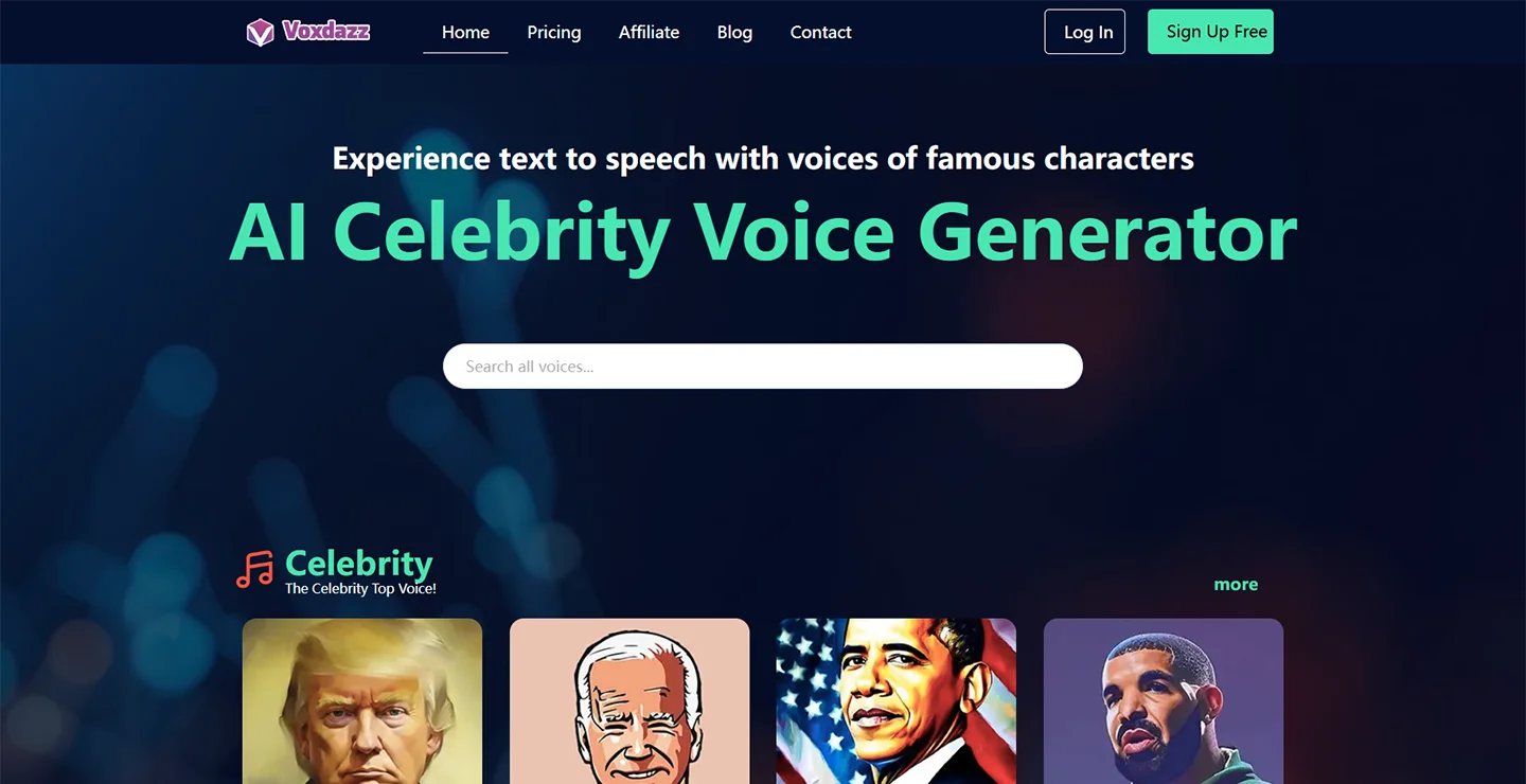 Screenshot of Voxdazz: AI-Powered Celebrity Voice Generation website