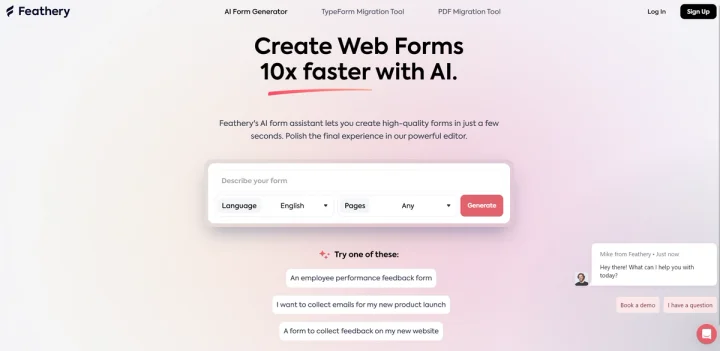 Screenshot of Feathery website