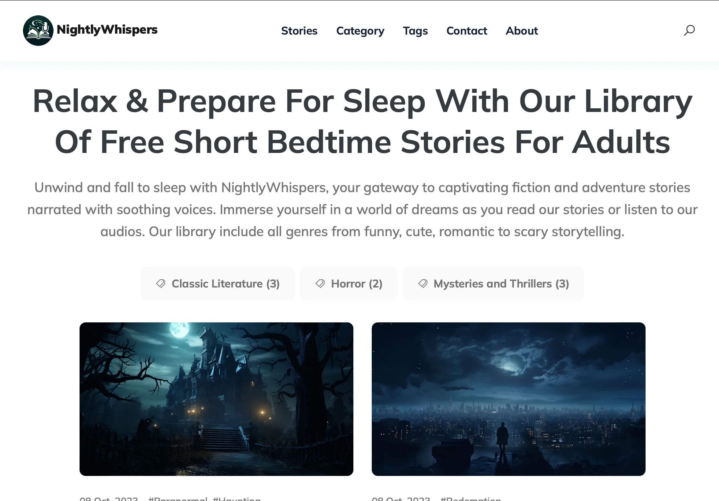 Screenshot of NightlyWhispers Stories AI website