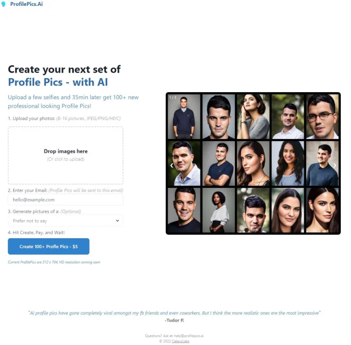 Screenshot of ProfilePicsAI website