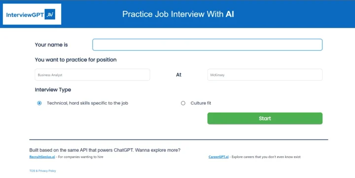 Screenshot of InterviewGPT website