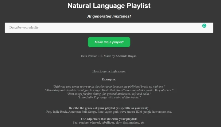 Screenshot of Natural Language Playlist website