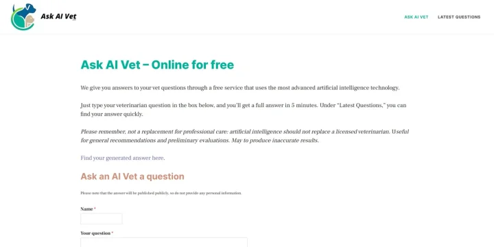 Screenshot of Ask AI Vet website