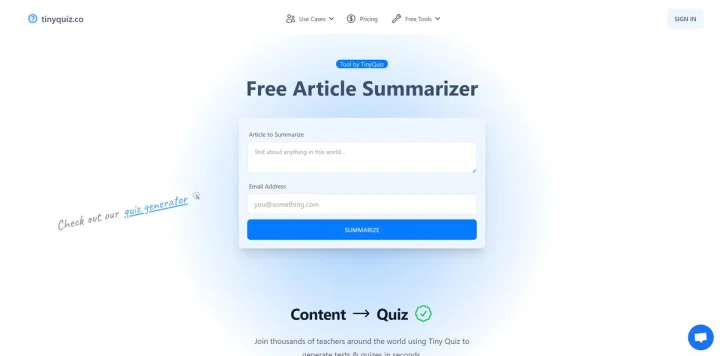 Screenshot of TinyQuiz website