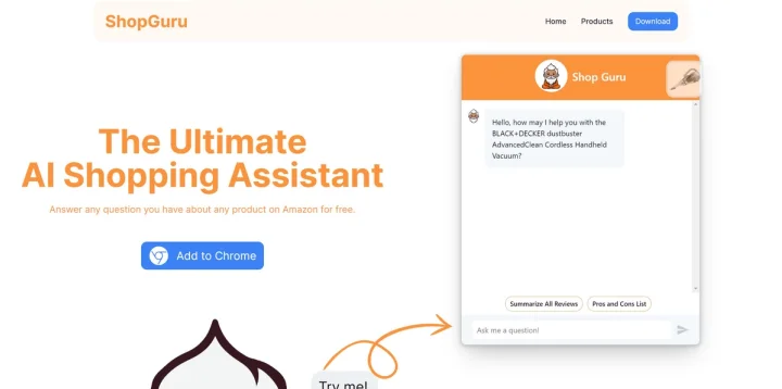 Screenshot of Shop Guru AI website