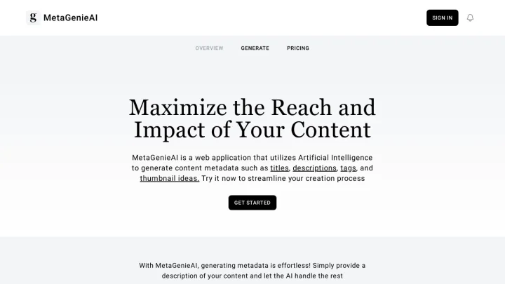 Screenshot of MetaGenie AI website